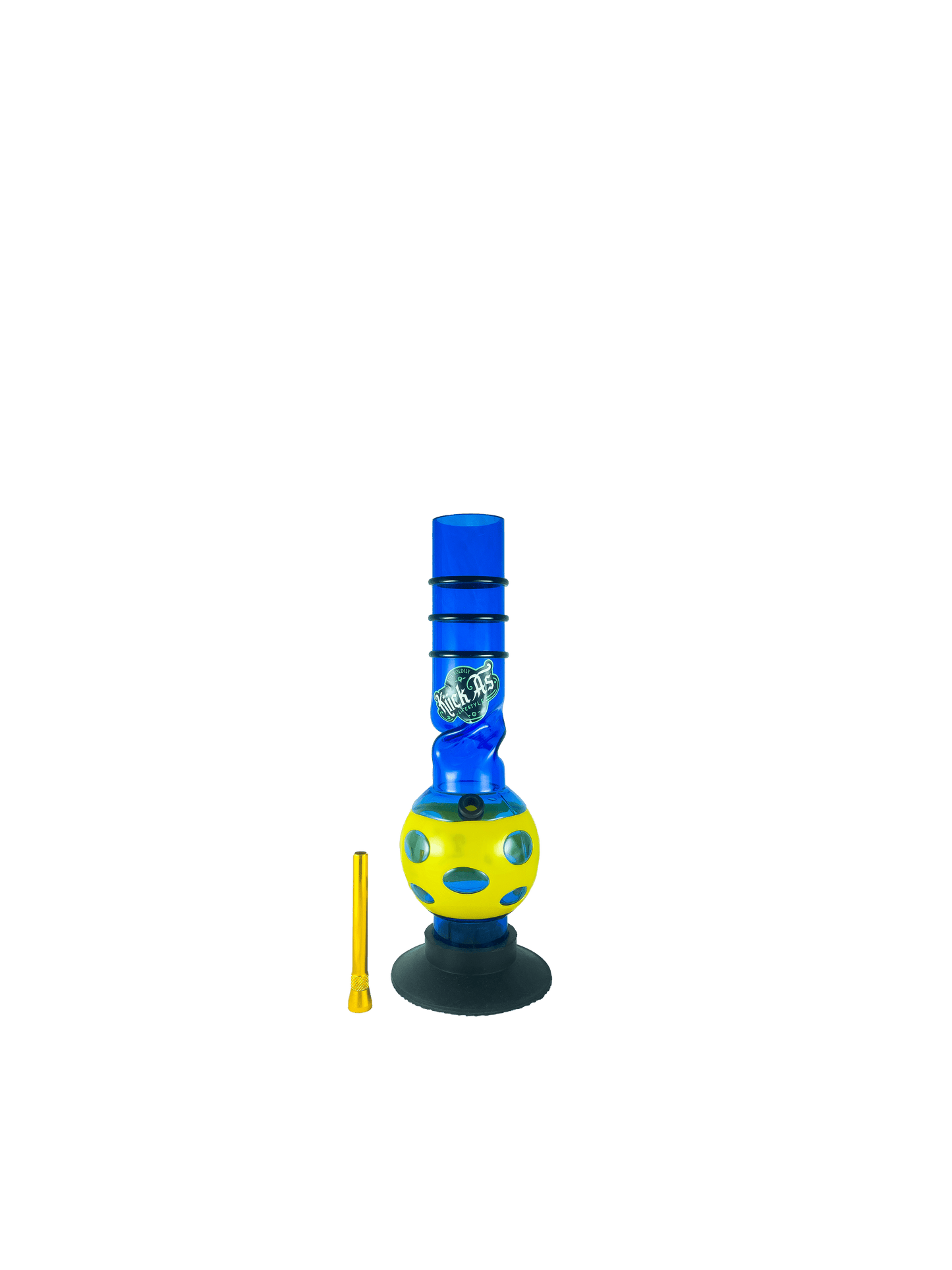 Acrylic Bong by Kiick As - "Blue Flash" Shooter Mini Portable Waterpipe - 30cm / 12 inch with Yellow Jacket and 12 Holes for Pop-Up Effect. Features 3 Acrylic Rings for Best Grip. Durable Easy to Clean Stylish Design for Smooth Sessions.