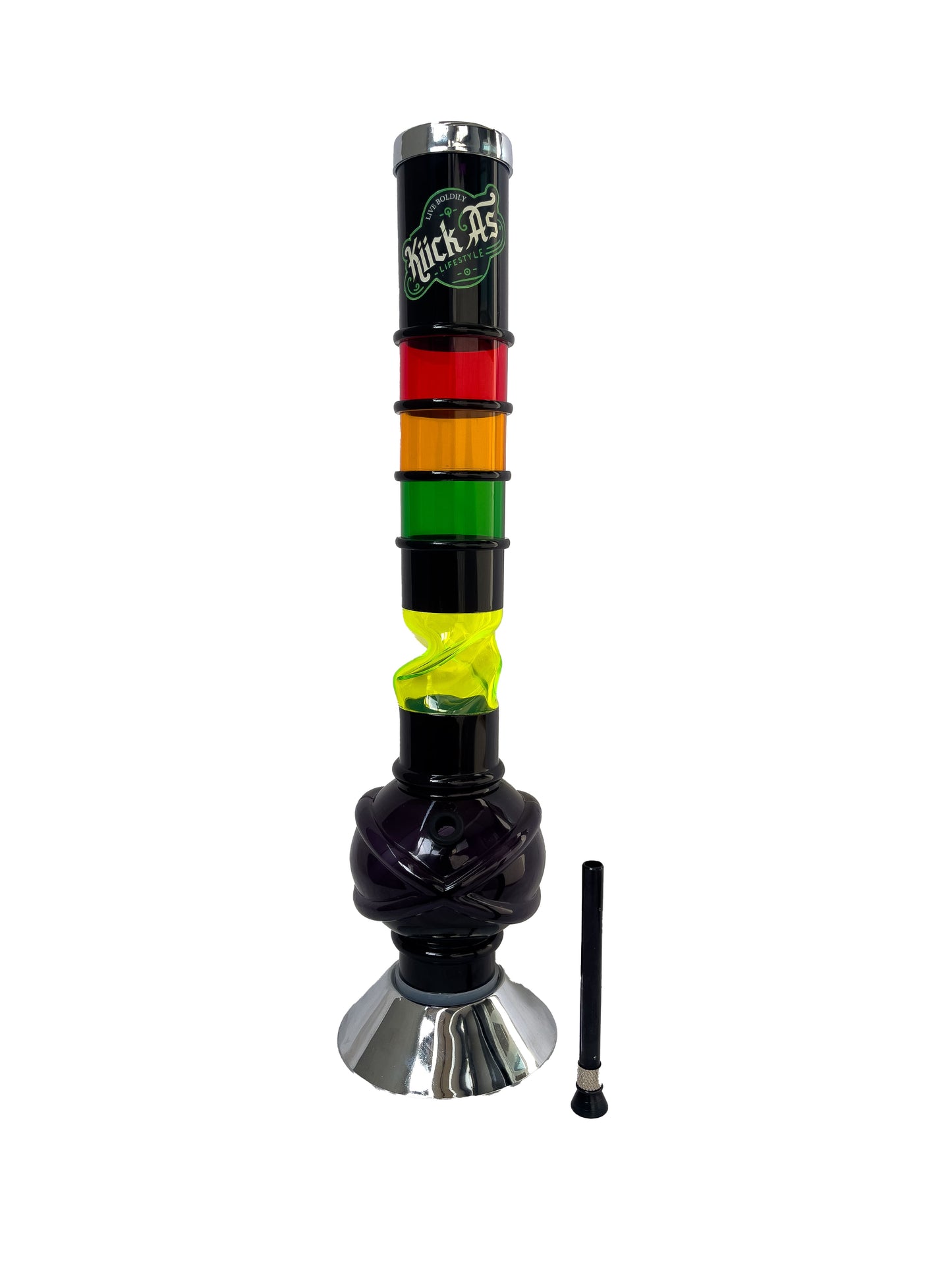 Acrylic Bong by Kiick As - "Rasta Blaze" Shooter Mini Portable Waterpipe - 40cm / 16 inch Unique Rasta Rings for Perfect Grip Durable Easy to Clean Stylish Design for Smooth Sessions. Perfect Bong for Home or Travel.