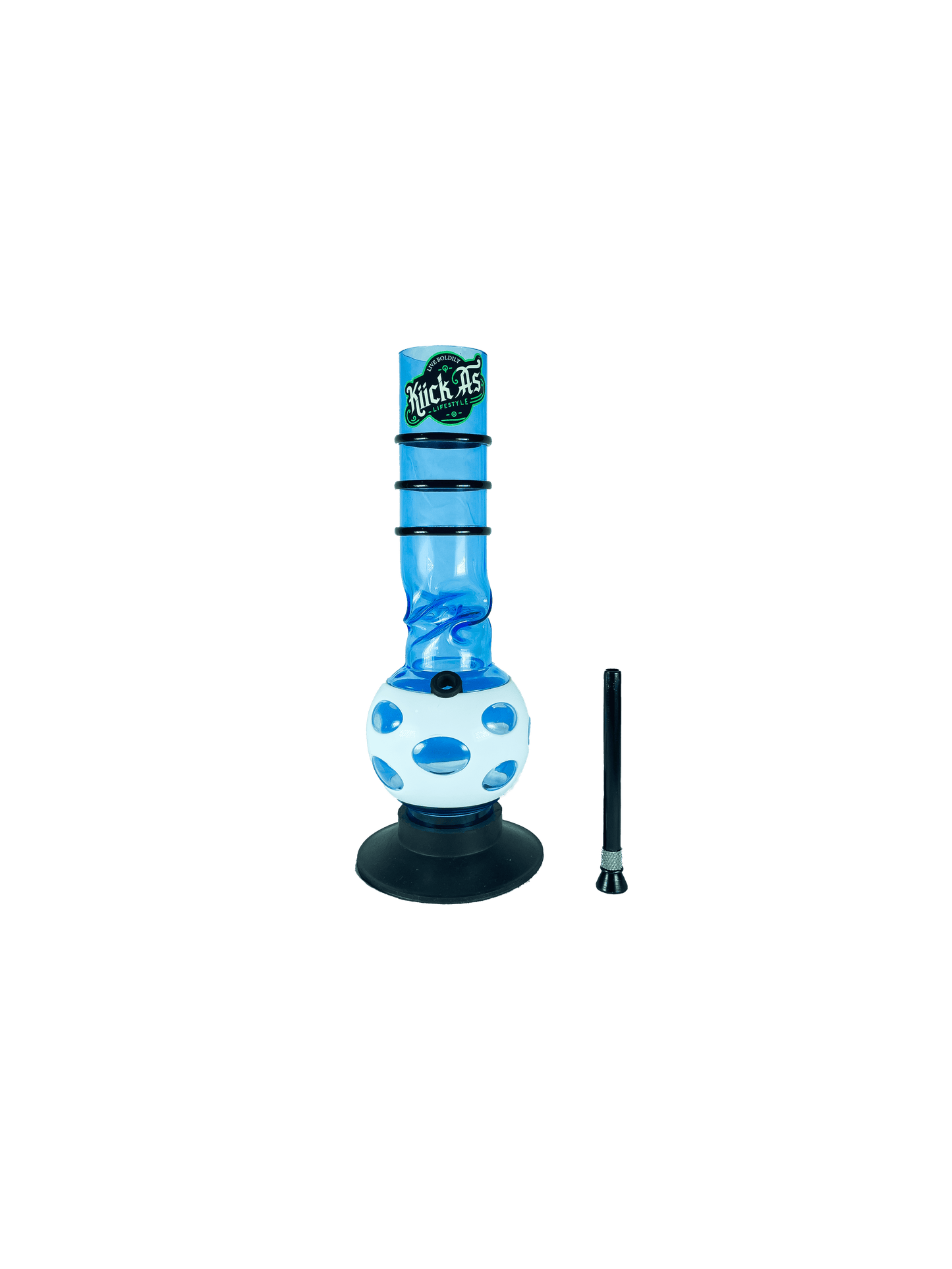 Acrylic Bong by Kiick As - "Glacier Blue"  Shooter Mini Portable Waterpipe - 30cm / 12 inch Unique Glacier Blue Color with White Jacket and Pop-up Effect Durable Easy to Clean Stylish Design with Acrylic Rings for Best Grip.