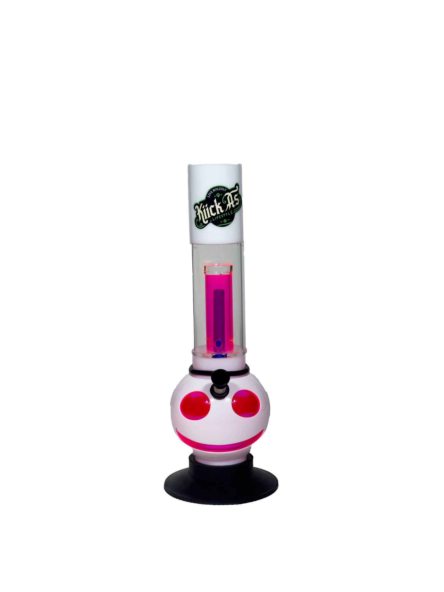 Acrylic Bong by Kiick As - "Cheerful Percolator" White with Pink Percolator and Smiley Cut-out Design - Durable Easy to Clean Stylish Design for Smooth Sessions. Perfect Bong for Home or Travel.