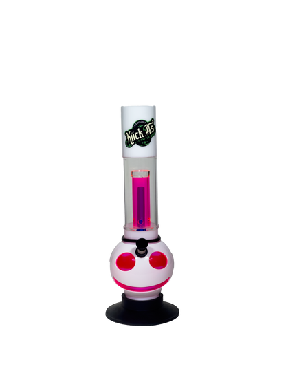 Acrylic Bong by Kiick As - "Cheerful Percolator" White with Pink Percolator and Smiley Cut-out Design - Durable Easy to Clean Stylish Design for Smooth Sessions. Perfect Bong for Home or Travel.