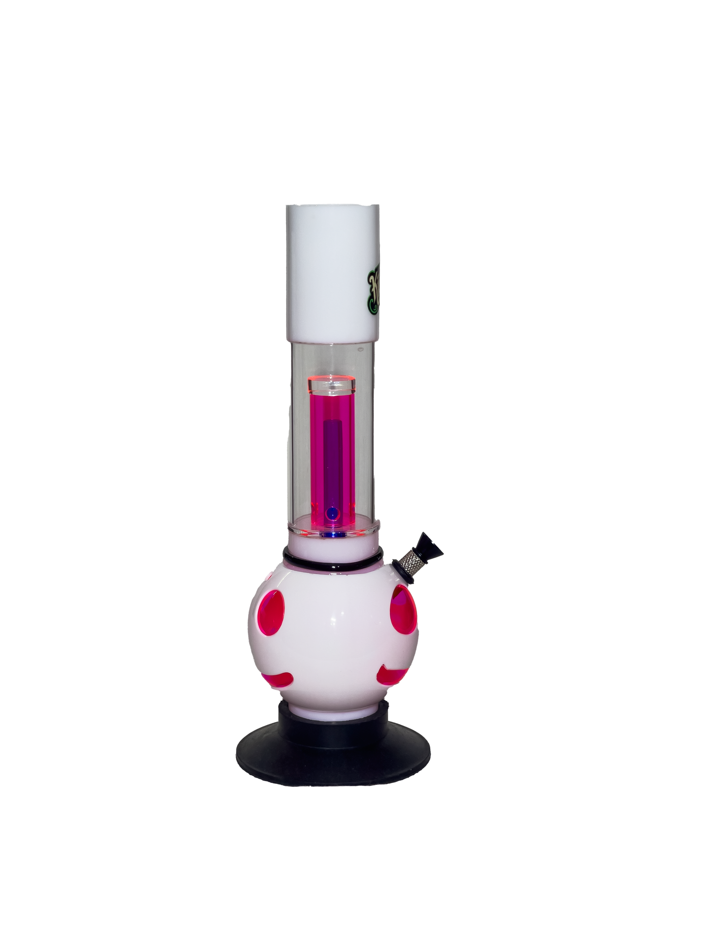 Acrylic Bong by Kiick As - "Cheerful Percolator" White with Pink Percolator and Smiley Cut-out Design - Durable Easy to Clean Stylish Design for Smooth Sessions. Perfect Bong for Home or Travel.