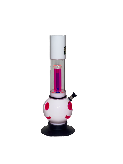 Acrylic Bong by Kiick As - "Cheerful Percolator" White with Pink Percolator and Smiley Cut-out Design - Durable Easy to Clean Stylish Design for Smooth Sessions. Perfect Bong for Home or Travel.