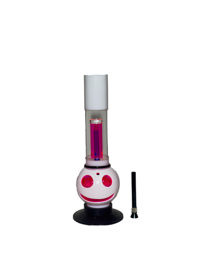 Acrylic Bong by Kiick As - "Cheerful Percolator" White with Pink Percolator and Smiley Cut-out Design - Durable Easy to Clean Stylish Design for Smooth Sessions. Perfect Bong for Home or Travel.