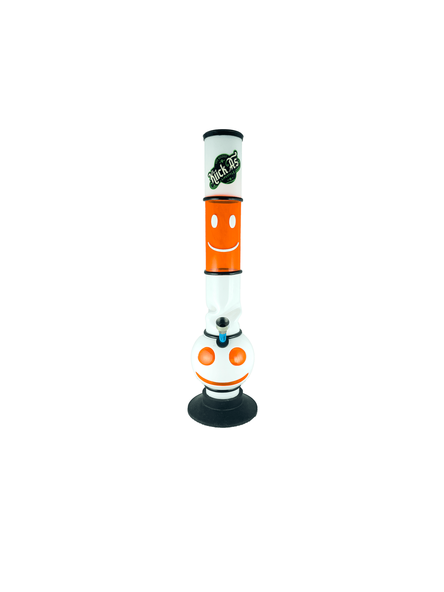 Acrylic Bong by Kiick As - "Sunblast Blaze" Shooter Mini Portable Waterpipe - 40cm / 16 inch Smiley Cut-out Design with Orange Pop-out Durable Easy to Clean Stylish Design for Smooth Sessions. Perfect Bong for Home or Travel.