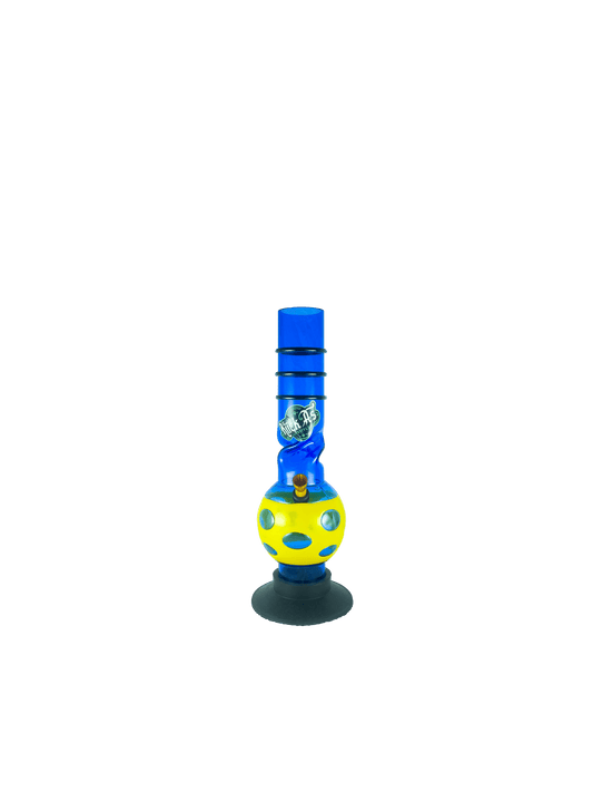 Acrylic Bong by Kiick As - "Blue Flash"  Shooter Mini Portable Waterpipe - 30cm / 12 inch with Yellow Jacket and 12 Holes for Pop-Up Effect. Features 3 Acrylic Rings for Best Grip. Durable Easy to Clean Stylish Design for Smooth Sessions.