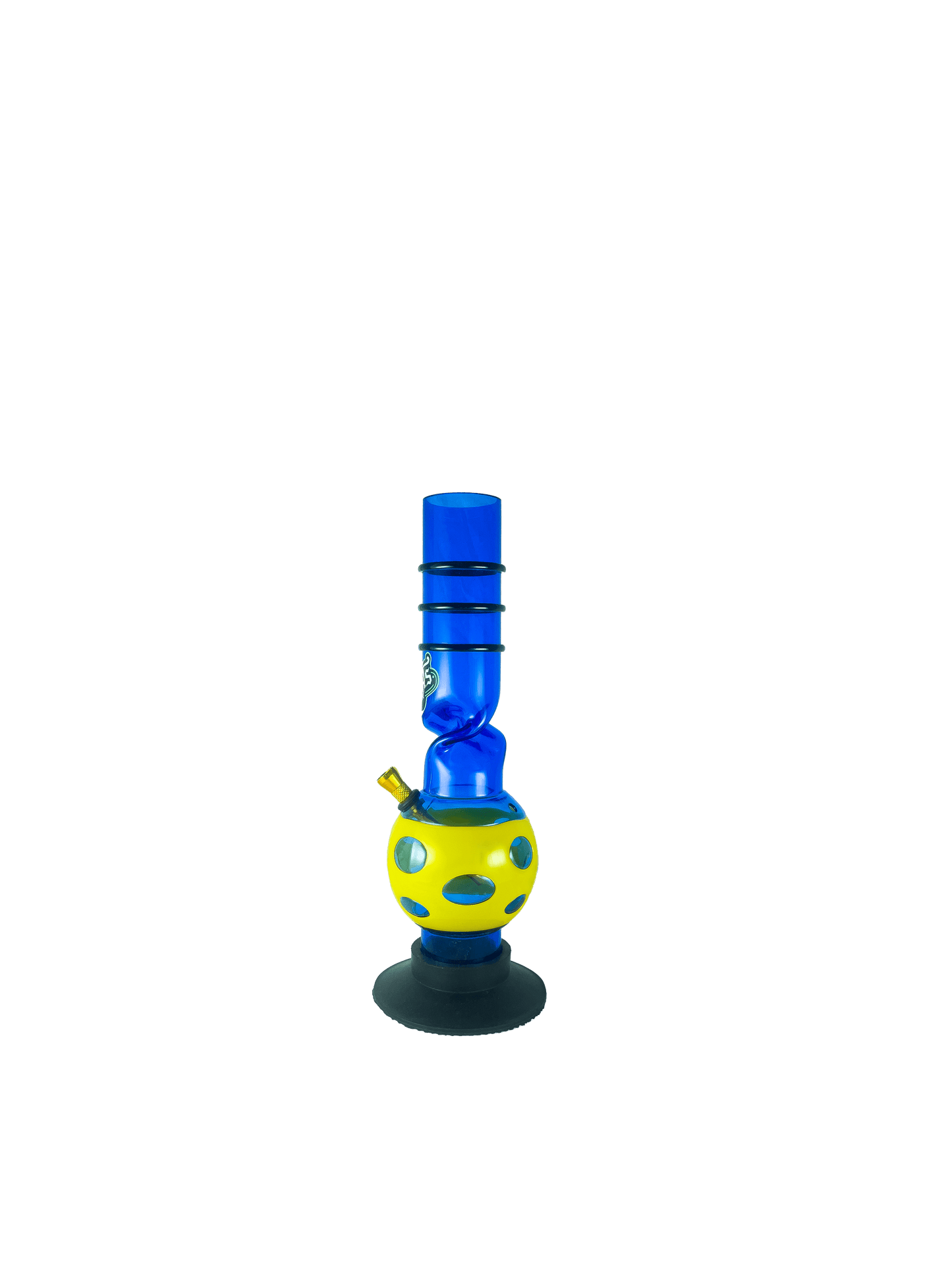 Acrylic Bong by Kiick As - "Blue Flash"  Shooter Mini Portable Waterpipe - 30cm / 12 inch with Yellow Jacket and 12 Holes for Pop-Up Effect. Features 3 Acrylic Rings for Best Grip. Durable Easy to Clean Stylish Design for Smooth Sessions.