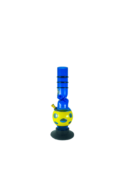 Acrylic Bong by Kiick As - "Blue Flash"  Shooter Mini Portable Waterpipe - 30cm / 12 inch with Yellow Jacket and 12 Holes for Pop-Up Effect. Features 3 Acrylic Rings for Best Grip. Durable Easy to Clean Stylish Design for Smooth Sessions.