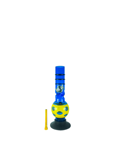 Acrylic Bong by Kiick As - "Blue Flash"  Shooter Mini Portable Waterpipe - 30cm / 12 inch with Yellow Jacket and 12 Holes for Pop-Up Effect. Features 3 Acrylic Rings for Best Grip. Durable Easy to Clean Stylish Design for Smooth Sessions.