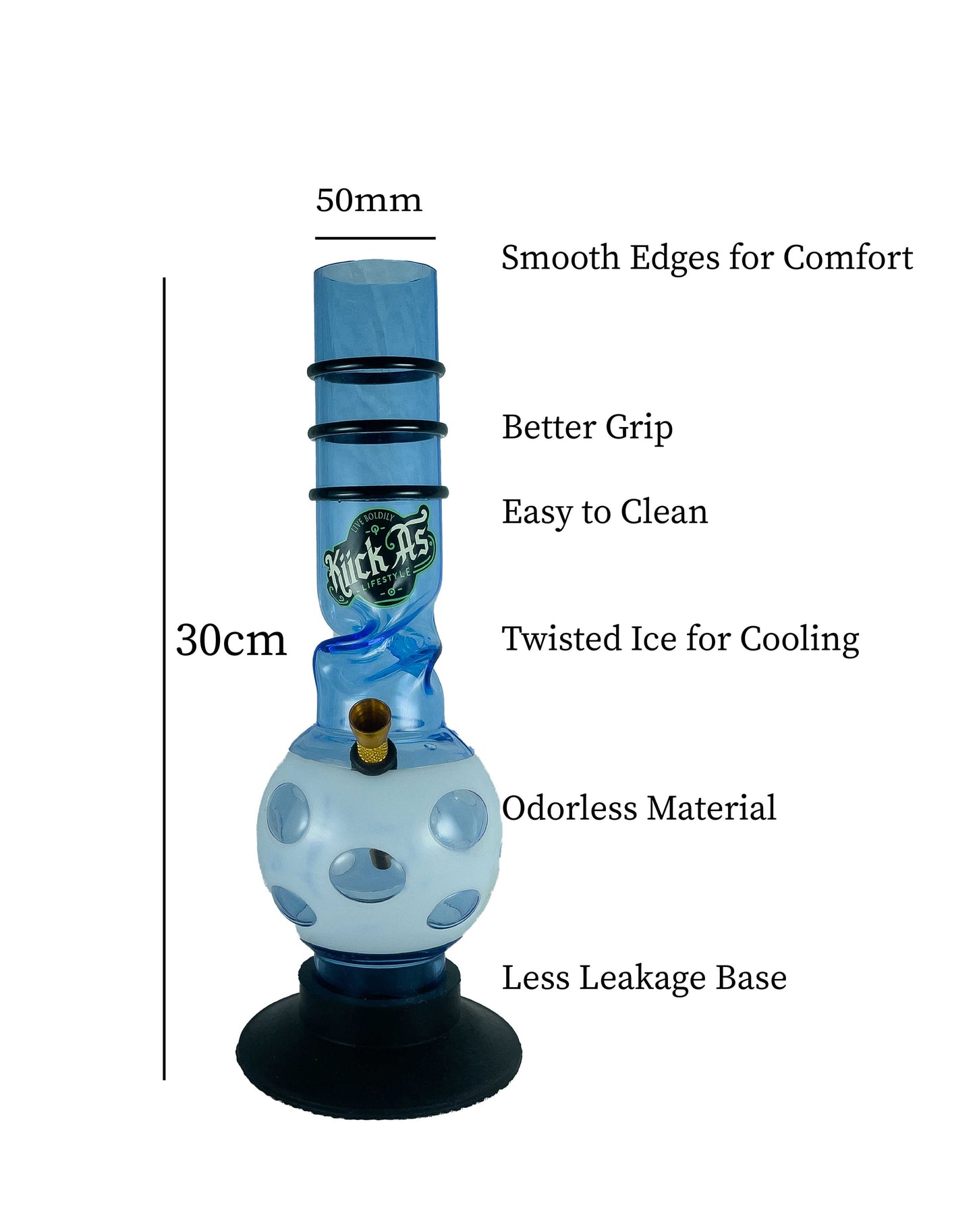 Acrylic Bong by Kiick As - "Blue Flash"  Shooter Mini Portable Waterpipe - 30cm / 12 inch with Yellow Jacket and 12 Holes for Pop-Up Effect. Features 3 Acrylic Rings for Best Grip. Durable Easy to Clean Stylish Design for Smooth Sessions.